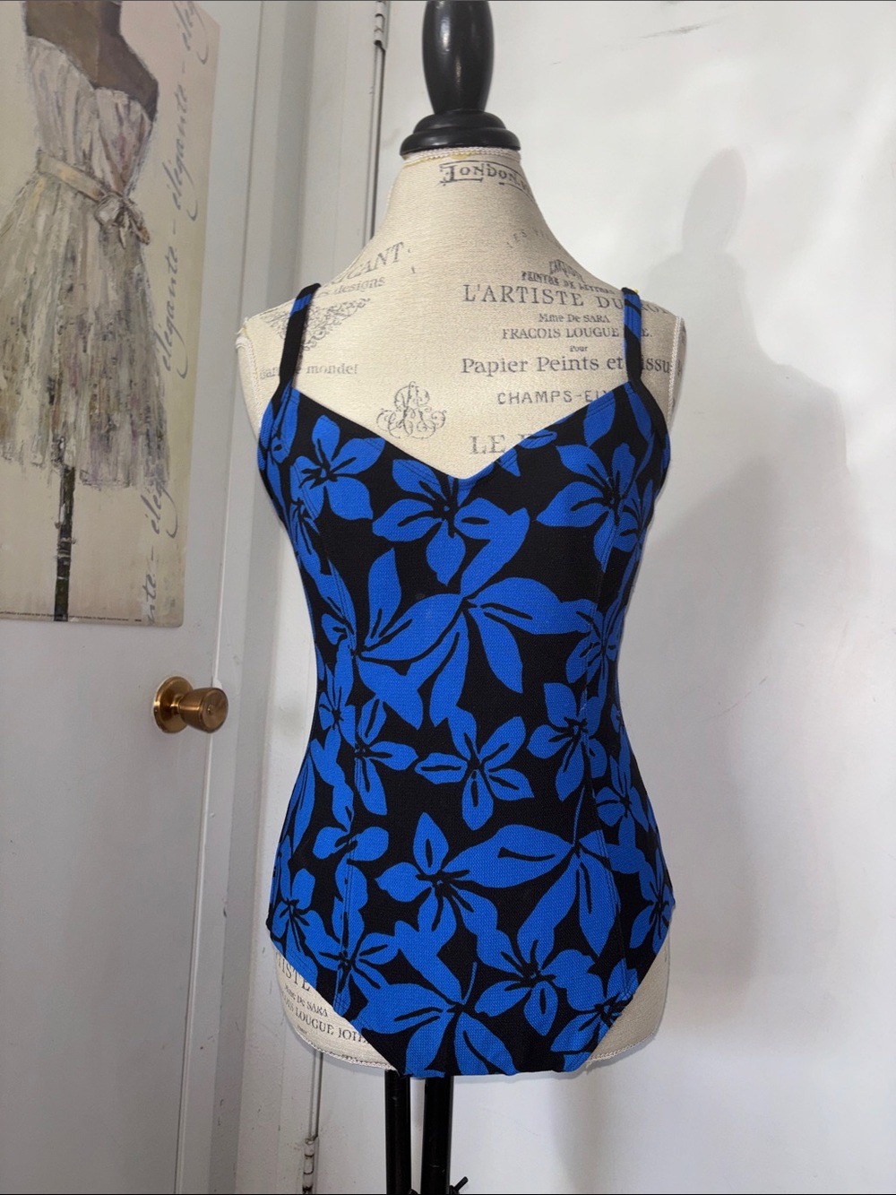 Liz Claiborne Floral One-Piece Swimsuit in Blue and Black